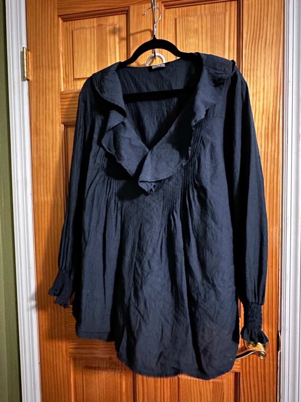 Navy Blue Ruffled V-Neck Long Sleeve Tunic